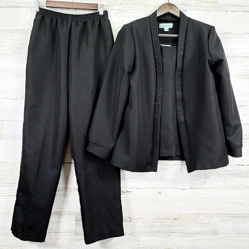 Sara Morgan Haband Womens 3 Piece Pant Set Black Embellished Jacket Tank Size S